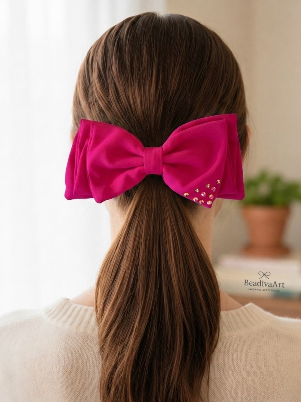 ⭐Handmade Hot Pink Bow Hair Clip with Crystal Details